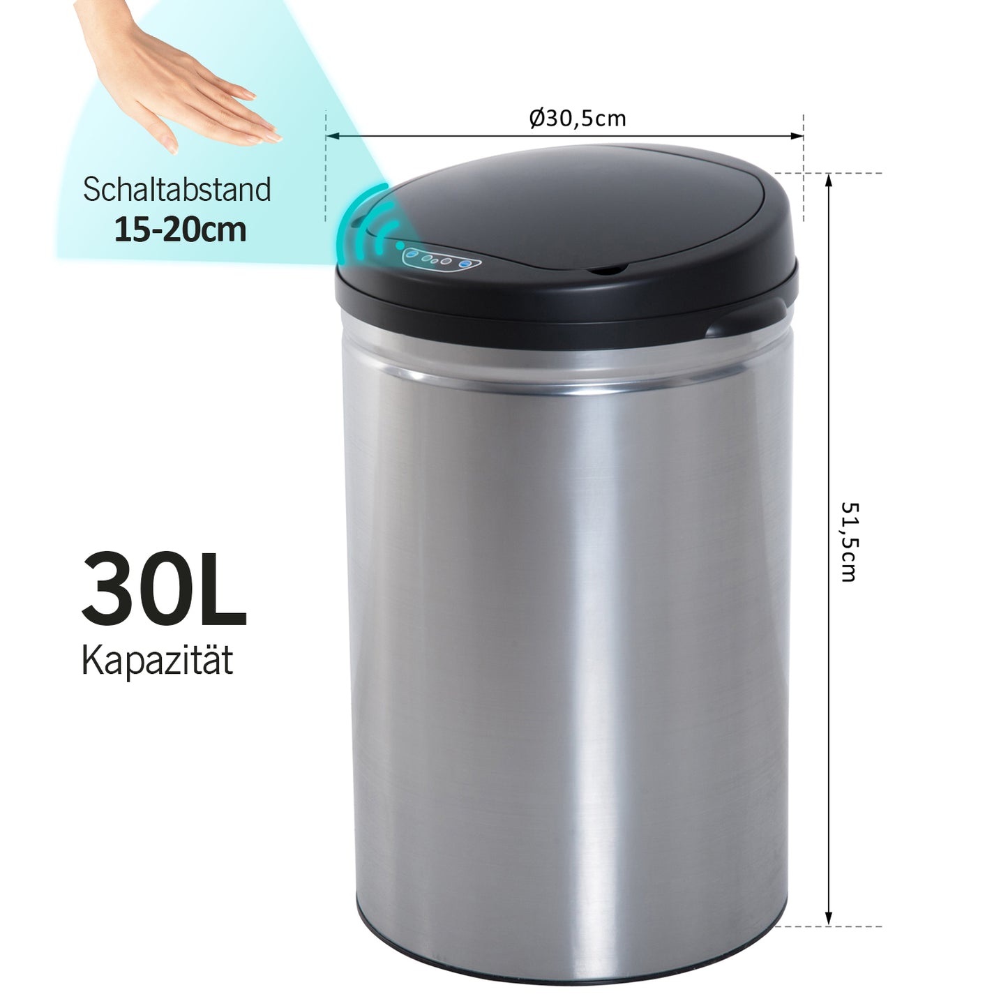 Automatische Prullenbak – Sensorafvalbak – Bewegingssensor Prullenbak – Afvalcontainer – Sensor Afvalbak Zwart Zilver – 30 Liter – Zacht Sluitend Deksel – Waterdicht Ontwerp