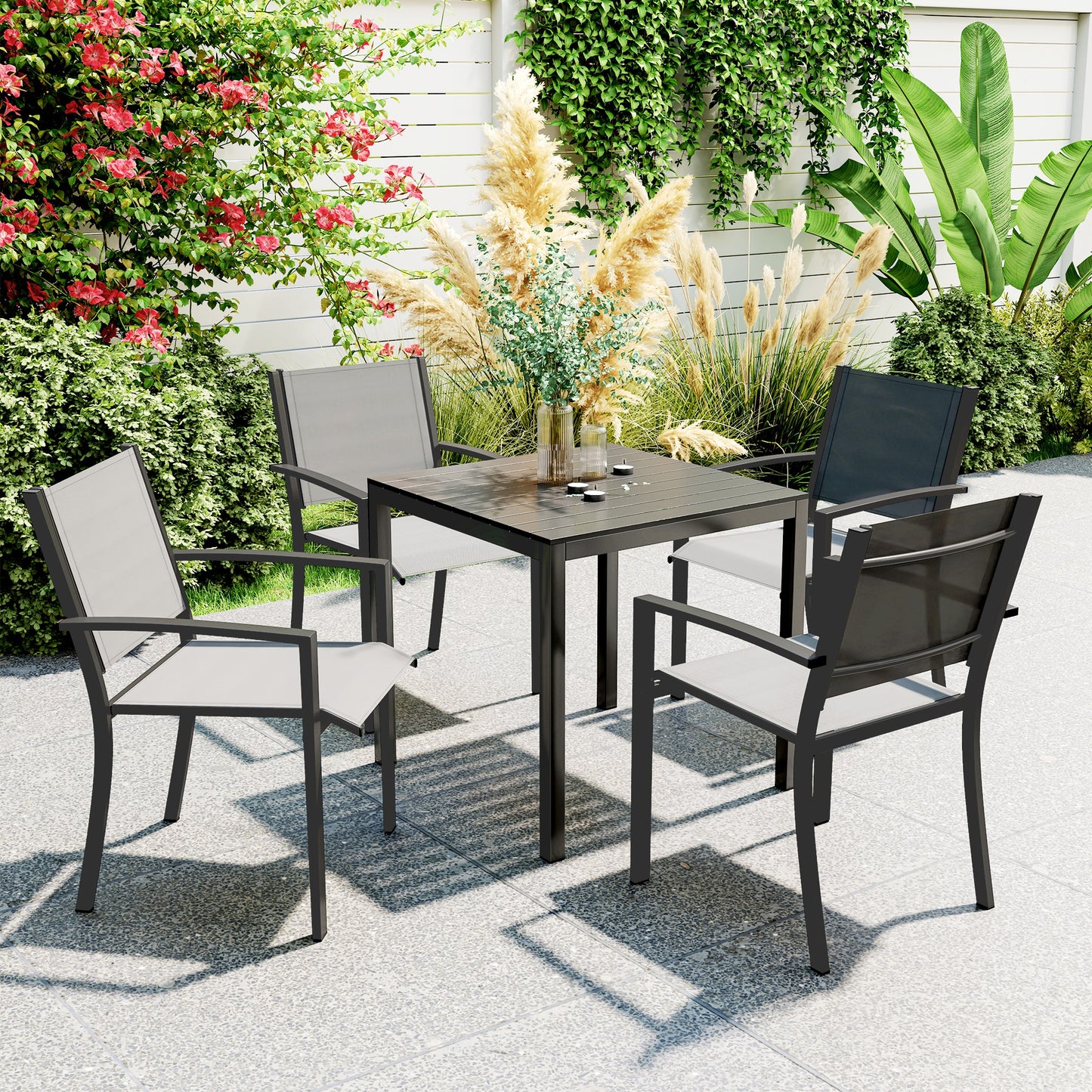 Weerbestendige Tuin- en Terrastafel – Buiten Tafel – Balkon Tafel – Camping Tafel – Tuinmeubel – Zwart – Aluminium Frame – Houtlook Kunststof Blad – 73x73 cm – Voor 4 Personen