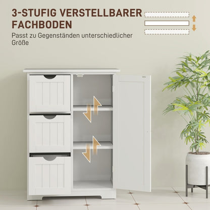 HOMCOM Modern White Bathroom Storage Cabinet with 3 Drawers & Adjustable Shelf - 60x30x80cm Glass Organizer, Pull-Out Shelves, Magnetic Door, Golden Knobs for Bathroom & Living Room Organization, Bathroom Organizers And Stora