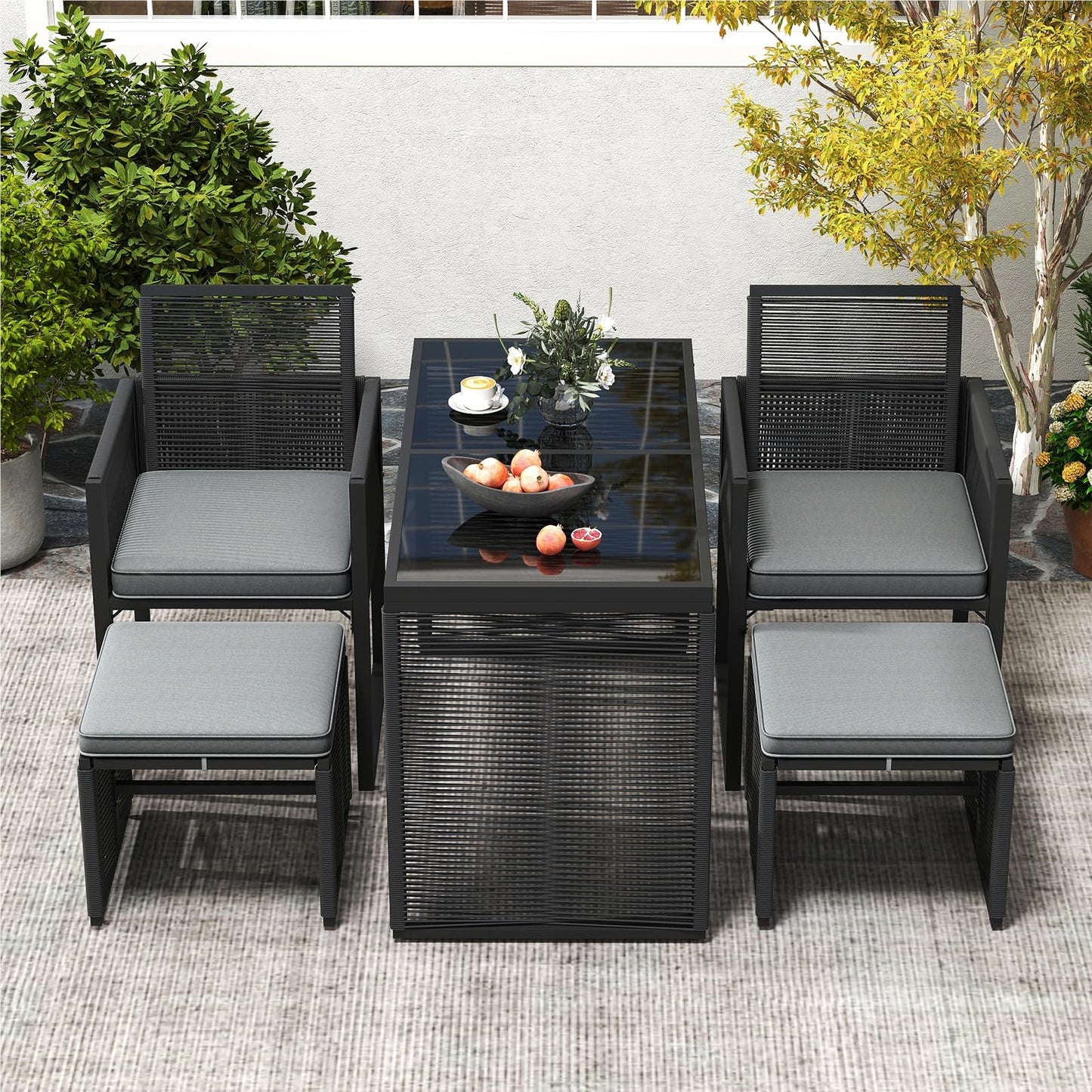 5-Delige Rattan Tuinset – Balkon Meubels – Buitenmeubilair – Tuinmeubelen – Patio Set – Inklapbare Rugleuning – Inclusief Zachte Kussens