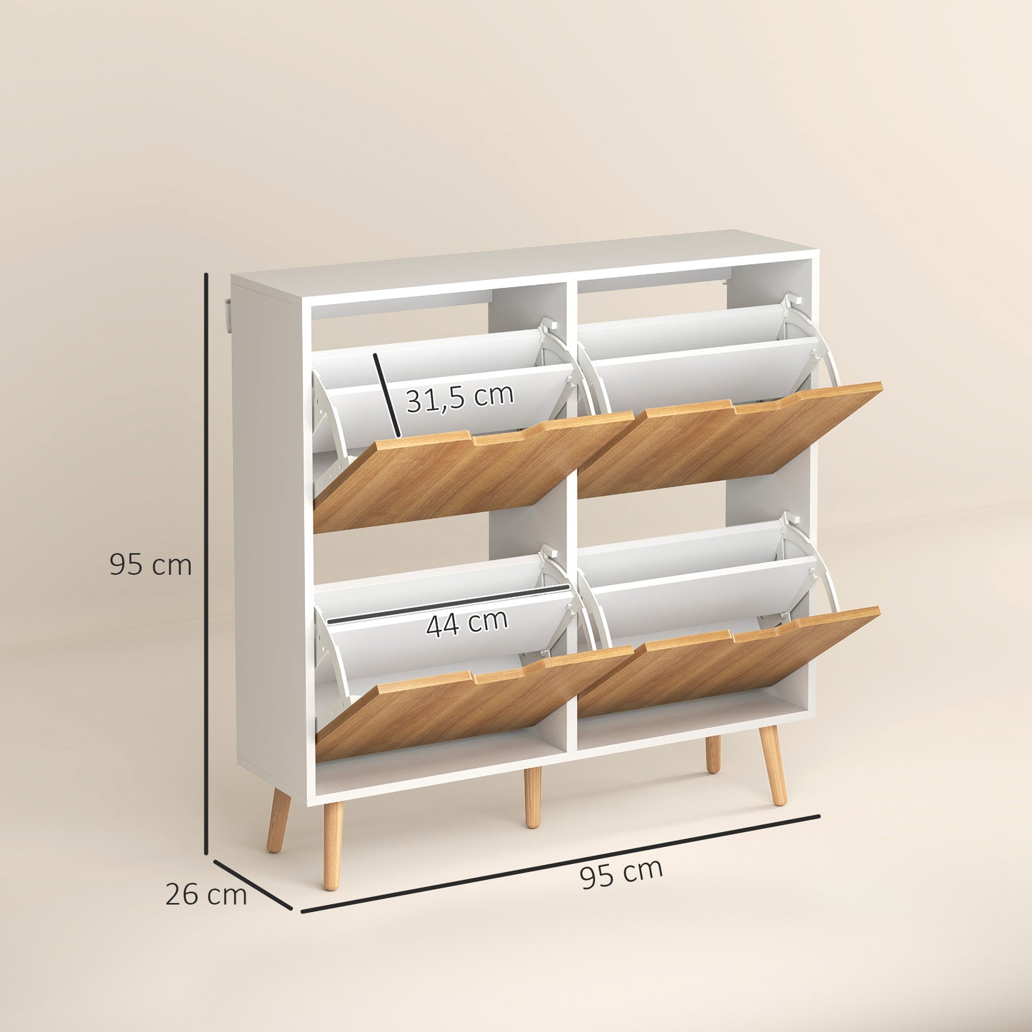 Schoenenkast – Schoenenrek – Schoenenopberger – Schoenenbank – 4 Deuren – 16 Paar Ruimte – Spaanplaat Met Houten Poten – Smal En Hoog Design
