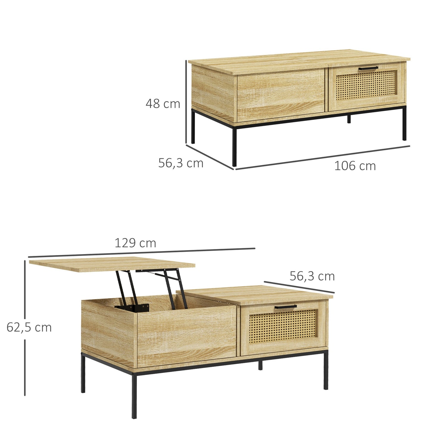 Salontafel – Koffietafel – Woonkamertafel – Bijzettafel – Tafelblad Met Verhoger – 2 Grote Lades – Stalen Poten – 106 x 56,3 x 48 cm – Natuurlijke Houtlook
