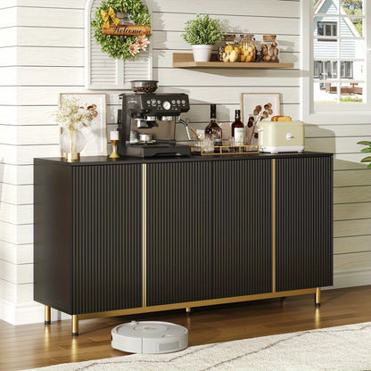 Dressoir – Sideboard – Opbergkast – Buffetkast – Kast – Modern Design – 150 cm – Golvende Ribbeldeuren – Verstelbare Metalen Poten – Zwart