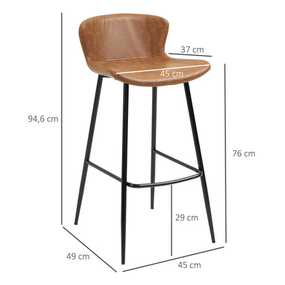 Barstoel Set – Barkrukken – Hoge Stoelen – Keukenstoelen – Barstoelen Bruin – PU Leren Zitting – Stalen Voetensteun – Vintage Design Rugleuning – 76 Cm Hoog