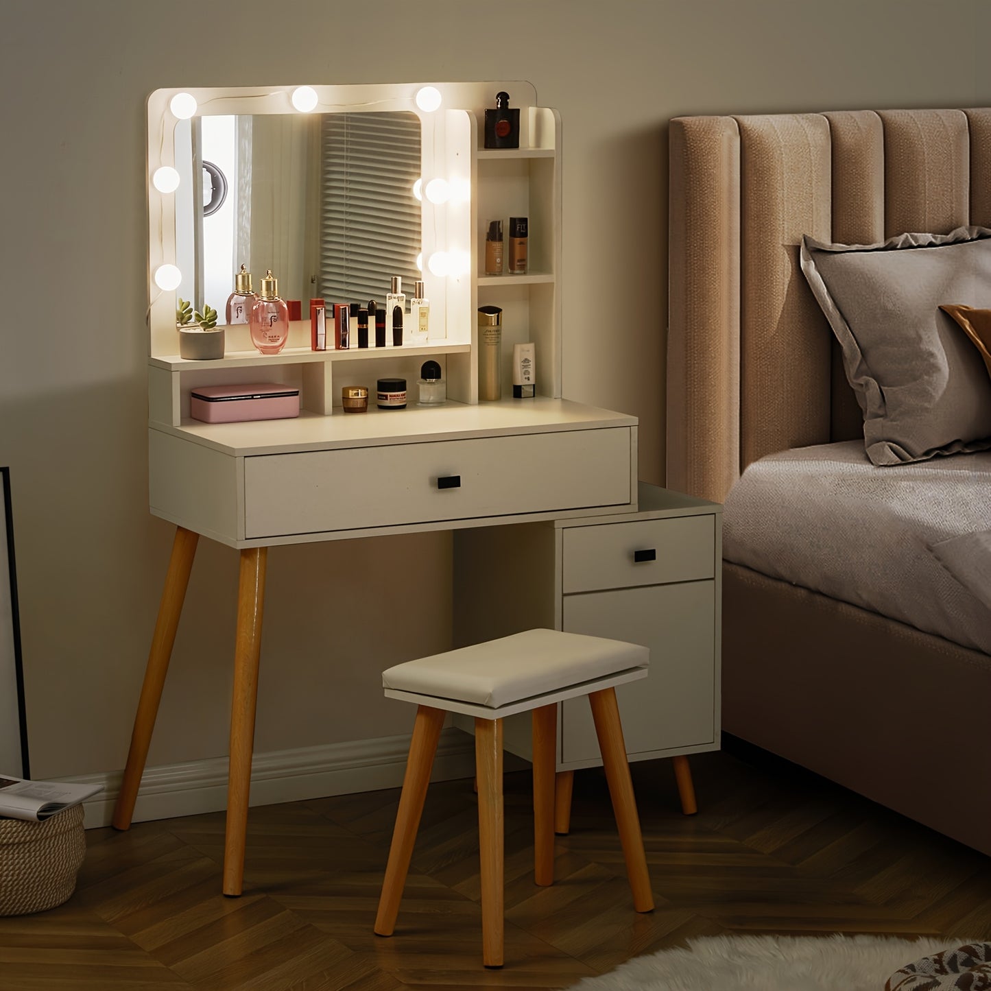 Witte Kaptafel – Make-up Tafel – Vanity Desk – Schminktisch – Dressing Table – Met 2 Opberglades – Uitbreidbaar Opbergkastje – Inclusief Gevuld Krukje