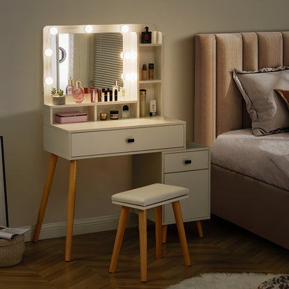 Witte Kaptafel – Make-up Tafel – Vanity Desk – Schminktisch – Dressing Table – Met 2 Opberglades – Uitbreidbaar Opbergkastje – Inclusief Gevuld Krukje