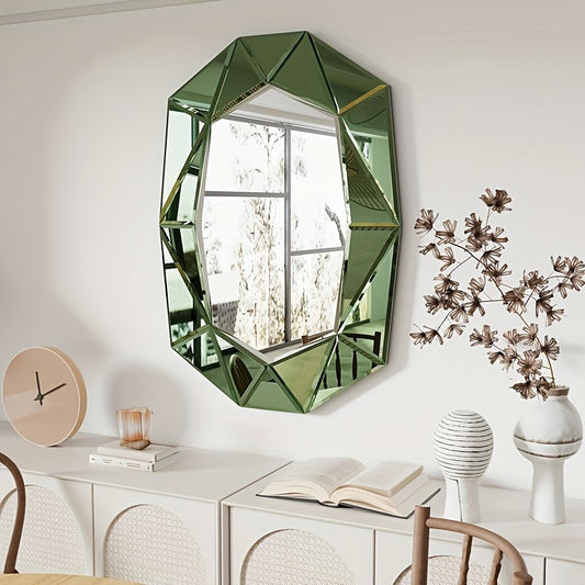 Wandspiegel – Passpiegel – Badkamerspiegel – Staande Spiegel – Hangspiegel – Vintage Design – Groene Facetrand – 100 x 72 cm – MDF & Glas
