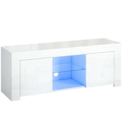 Tv-meubel – TV-kast – Media-meubel – Dressoir – Lowboard – Wit Spaanplaat – LED-verlichting – Glazen Plank – 2 Deuren – Kabeldoorvoer