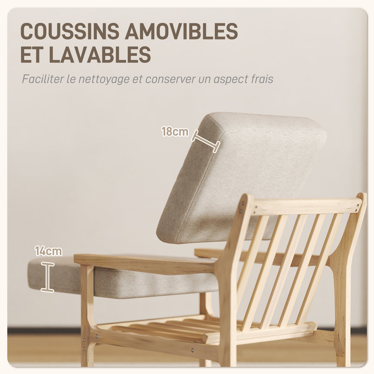 Scandinavische Fauteuil – Relaxstoel – Leunstoel – Woonkamerstoel – Slaapkamerstoel – Linnen-Effect Bekleding – Verwijderbare Wasbare Kussens – Licht Houten Frame – Beige – 62 x 82 x 82 cm