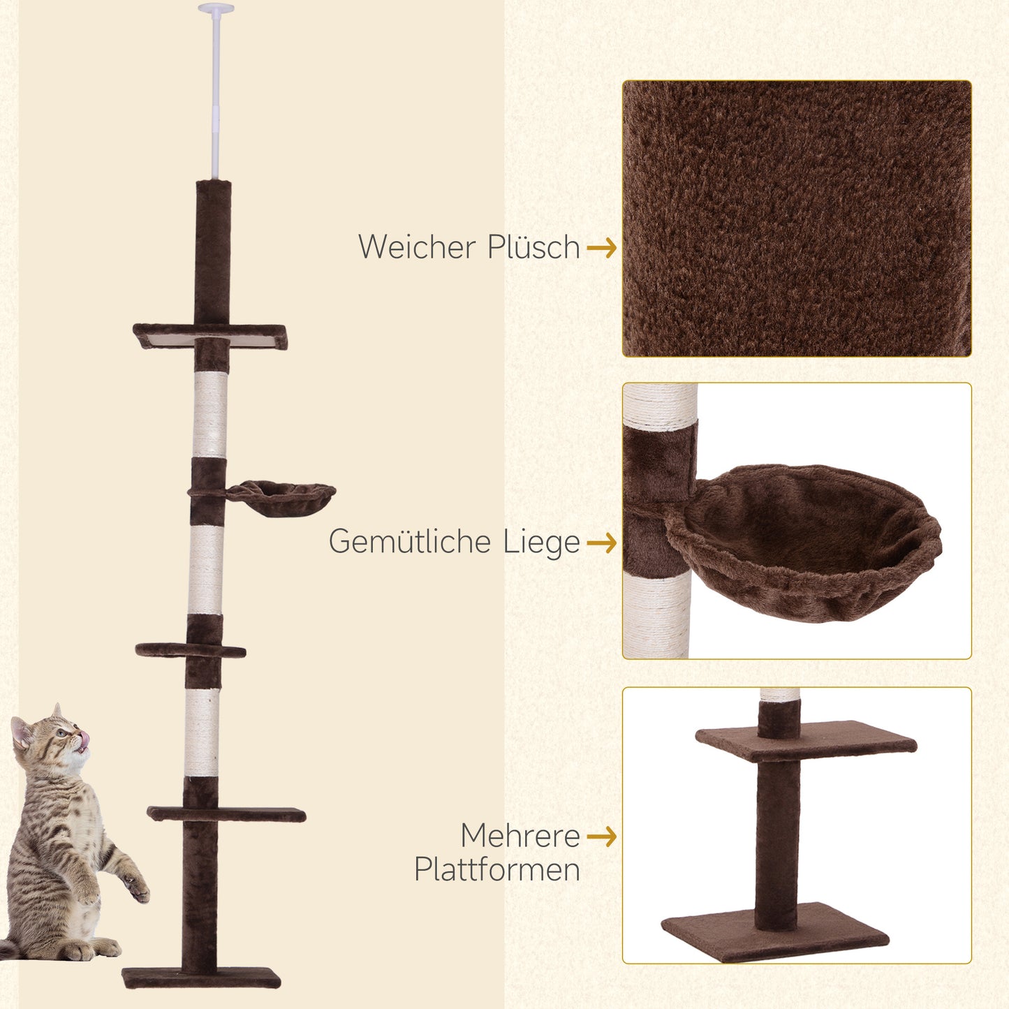 Kattenklimpaal – Krabpaal – Klimpaal – Kattenboom – Speelpaal – Bruin – Verstelbaar 230-260 cm Hoog – Sisal Krabpalen – Compact & Stevig
