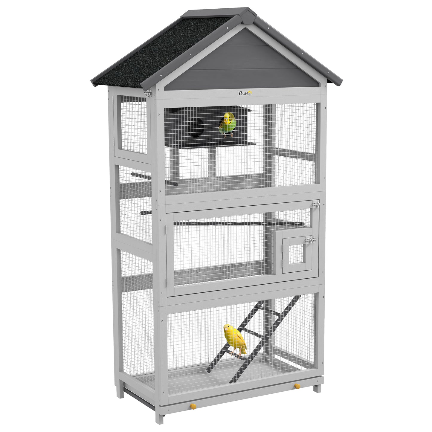 Houten Vogelkooi – Papegaai Kooi – Vogelkooi Buiten – Vogelkooi Met Speelruimte – Vogelvolière – Waterdak – 92x52x171 cm Grijs