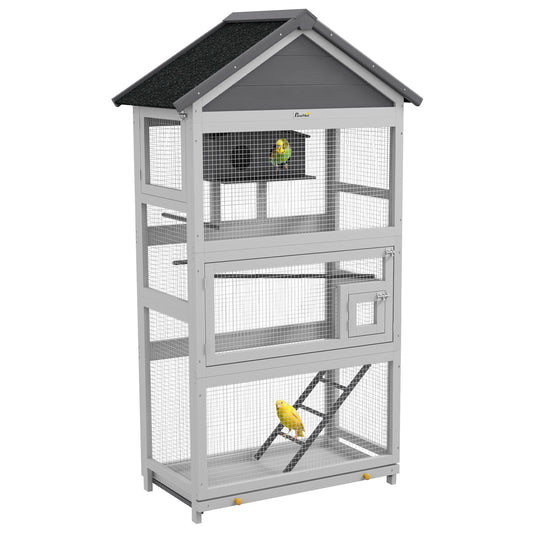 Houten Vogelkooi – Papegaai Kooi – Vogelkooi Buiten – Vogelkooi Met Speelruimte – Vogelvolière – Waterdak – 92x52x171 cm Grijs