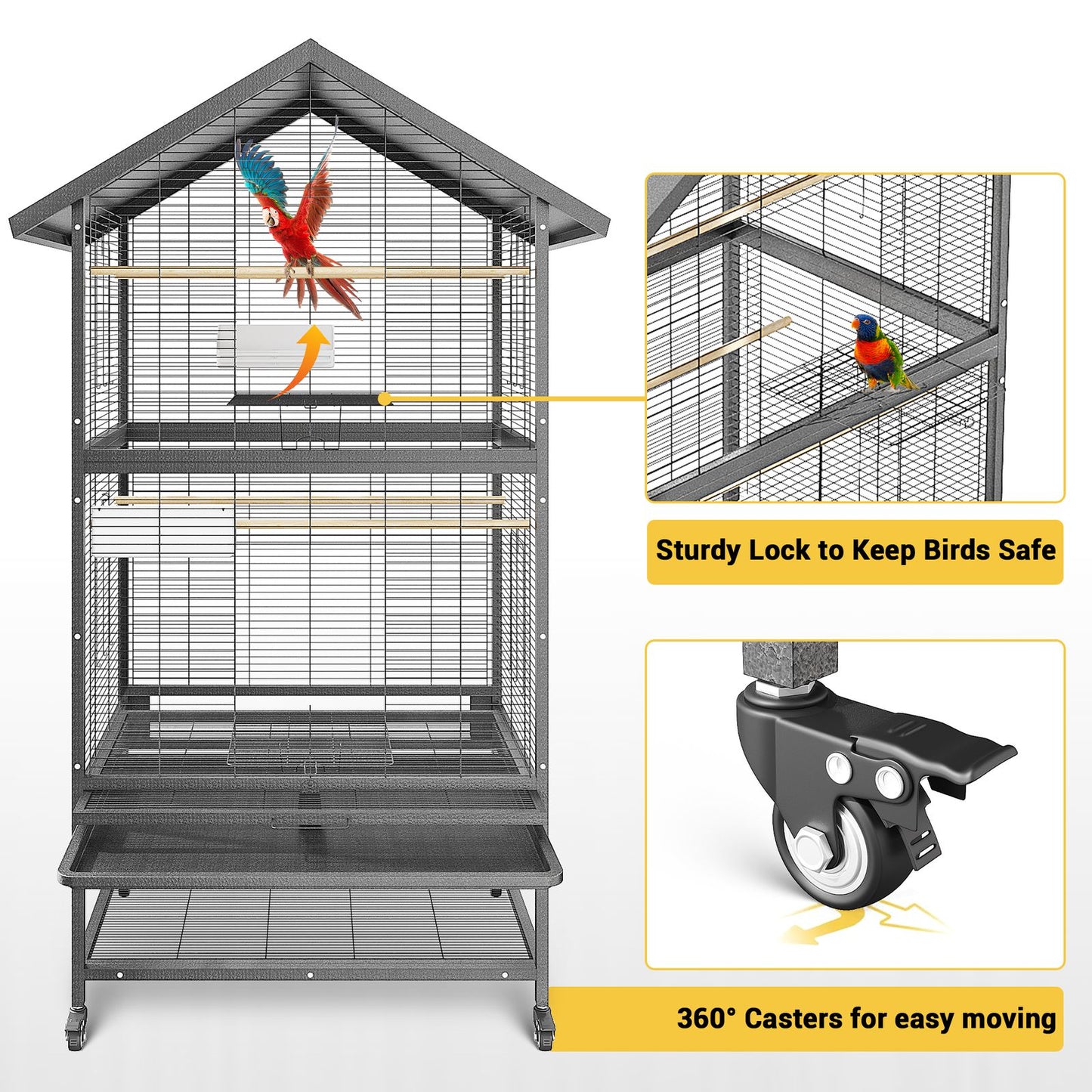 Vogelkooi – Vogelhuis – Vogelkooi Met Wieltjes – Vogelverblijf – Vogelkooi Zwart – Stevige Metaalconstructie – Mobiel Met Opbergruimte