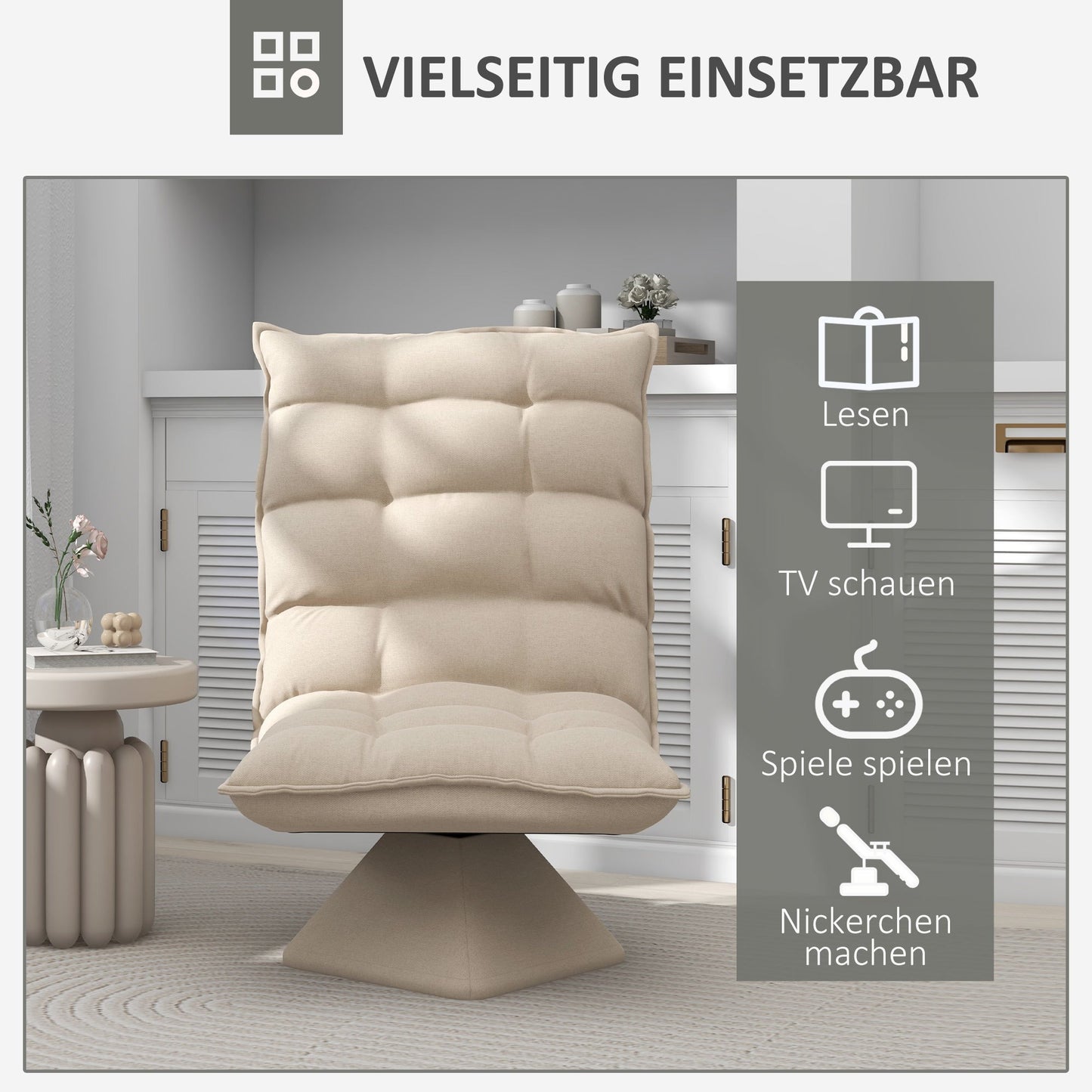 Vloerstoel – Zitzak – Meditatiestoel – Draaistoel – Loungestoel – Beige – Verstelbare Rugleuning tot 120° – 360° Draaibaar Met Stevig Stalen Frame