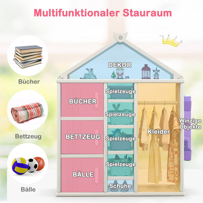 Kinderkast Huisvorm – Speelgoedkast – Boekenplank – Opbergrek – Kledingrek – Grijs – 4 Opbergboxen – Veilig HDPE Materiaal