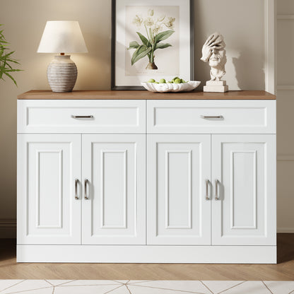 Sideboard – Dressoir – Kast – Opbergmeubel – Buffetkast – Wit Met Houtlook Bovenblad – Verstelbare Planken En Kantelbeveiliging – 120x35x80,5 cm