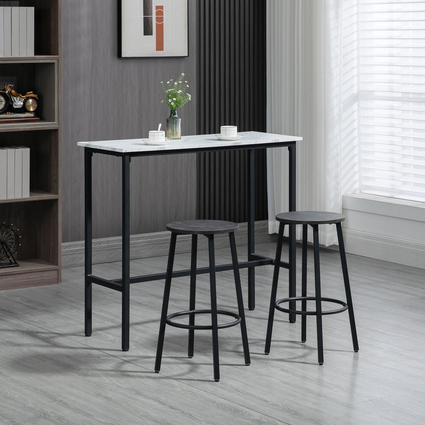 Barset – Barkrukset – Bartoestel – Bartafel – Barmeubel – Wit Marmerlook Tafelblad – Stevig Stalen Frame