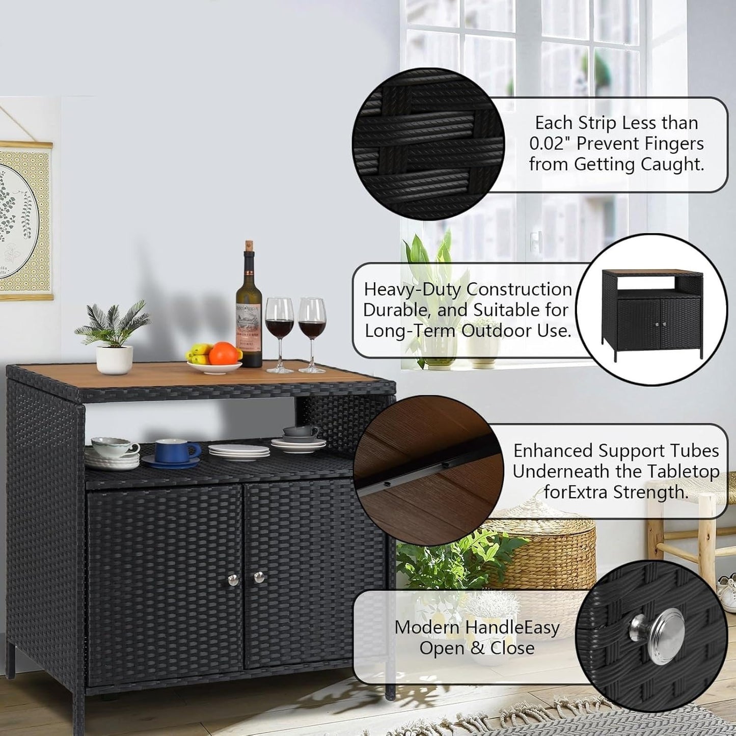 Wicker Opbergkast Buiten – Buitenmeubel – Tuinkast – Bar Tafel – Opbergtkast – Weerbestendig Wicker – Compact Design – Praktische Plank – Grijs