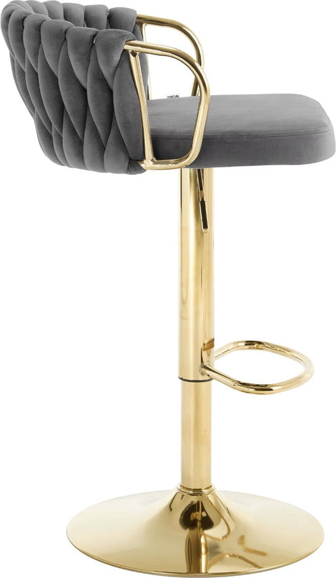 Luxe barkruk - Fluweel Barkruk - Set van 2 - Gevlochten - Hoogte verstelbaar - 360 graden draaibaar - Velvet - Gouden poot - Grijs