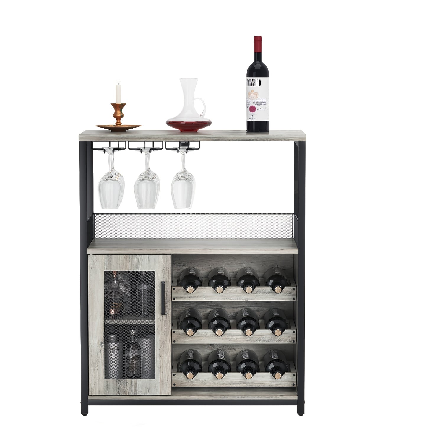 Buffetkast – Opbergkast – Keukenkast – Barmeubel – Dressoir – Klassiek Design – Uitneembare Wijnrekken voor 12 Flessen – Glazenhouder voor 9 Stuks
