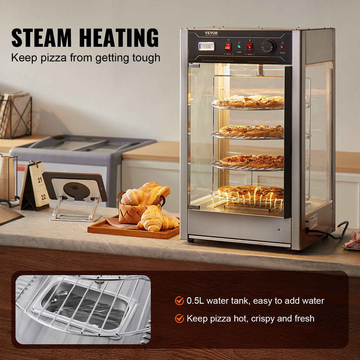 Pizza Warmer – Pizza Warmhoudkast – Pizza Display – Food Warmer – Warmhoudkast – 4-Laags Roestvrij Staal – Stoomfunctie Tegen Uitdroging