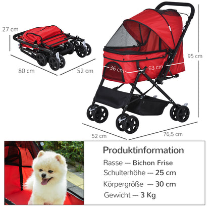 Hondenwagen – Hondenbuggy – Wandelwagen – Huisdierenwagen – Duwwagen – Opvouwbaar – Verstelbare Kap – Stevig Staalframe – Oxford Rood – Geschikt Tot 10 kg