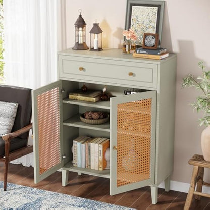 Berghkast – Opbergkast – Vitrinekast – Dressoir – Wandkast – Verstelbare Planken – Lade – Mintgroen Met Hout & Rotan – Modern Design