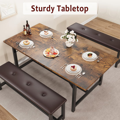 3pcs Large Extendable Dining Table Set for 4-6 People with 2 Upholstered Benches - Solid Retro Brown Kitchen Table, Space-Saving Expandable Design for Apartment, Family, Gatherings - Fits 4-6 Seaters