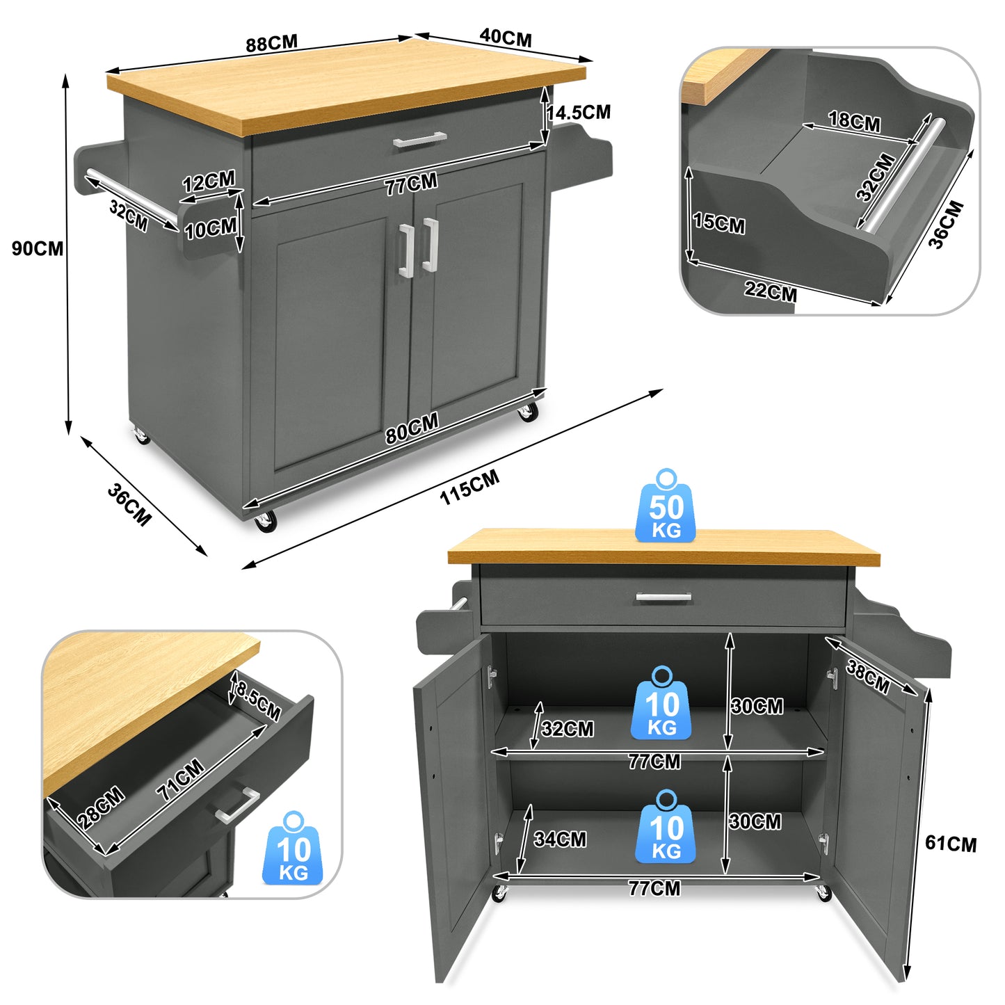 Keukentrolley – Serveerwagen – Keukenwagen – Roltafel – Opbergkar – Met Handdoekhouder en Kruidenrek – MDF Werkblad 115x36x90 cm – Makkelijk Verplaatsbaar met Stevige Wieltjes