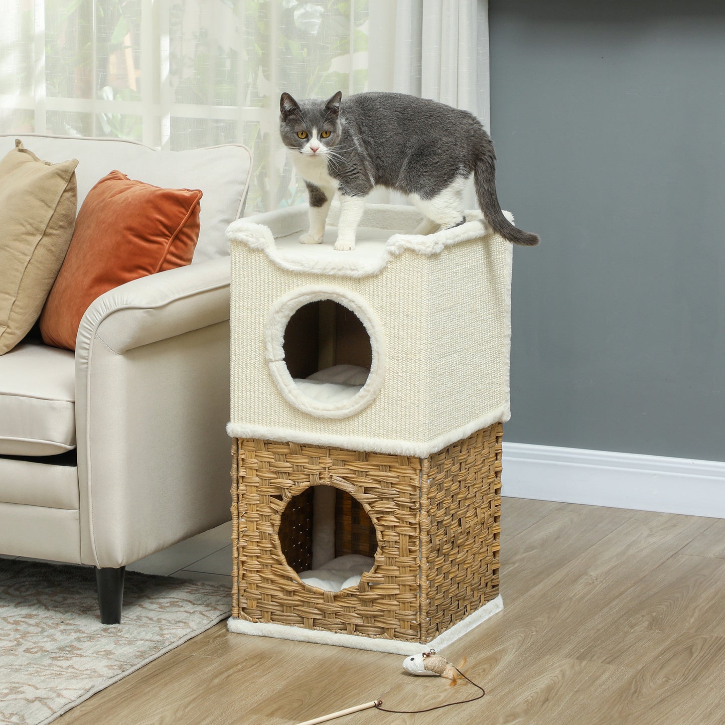 Krabpaal – Krabton – Kattenmeubel – Klimpaal – Kattenhut – Drie Niveaus Met Kussen – Stabiel Met Sisal Krabpaal – Crèmekleurige Krabpaal 75,5 cm Hoog