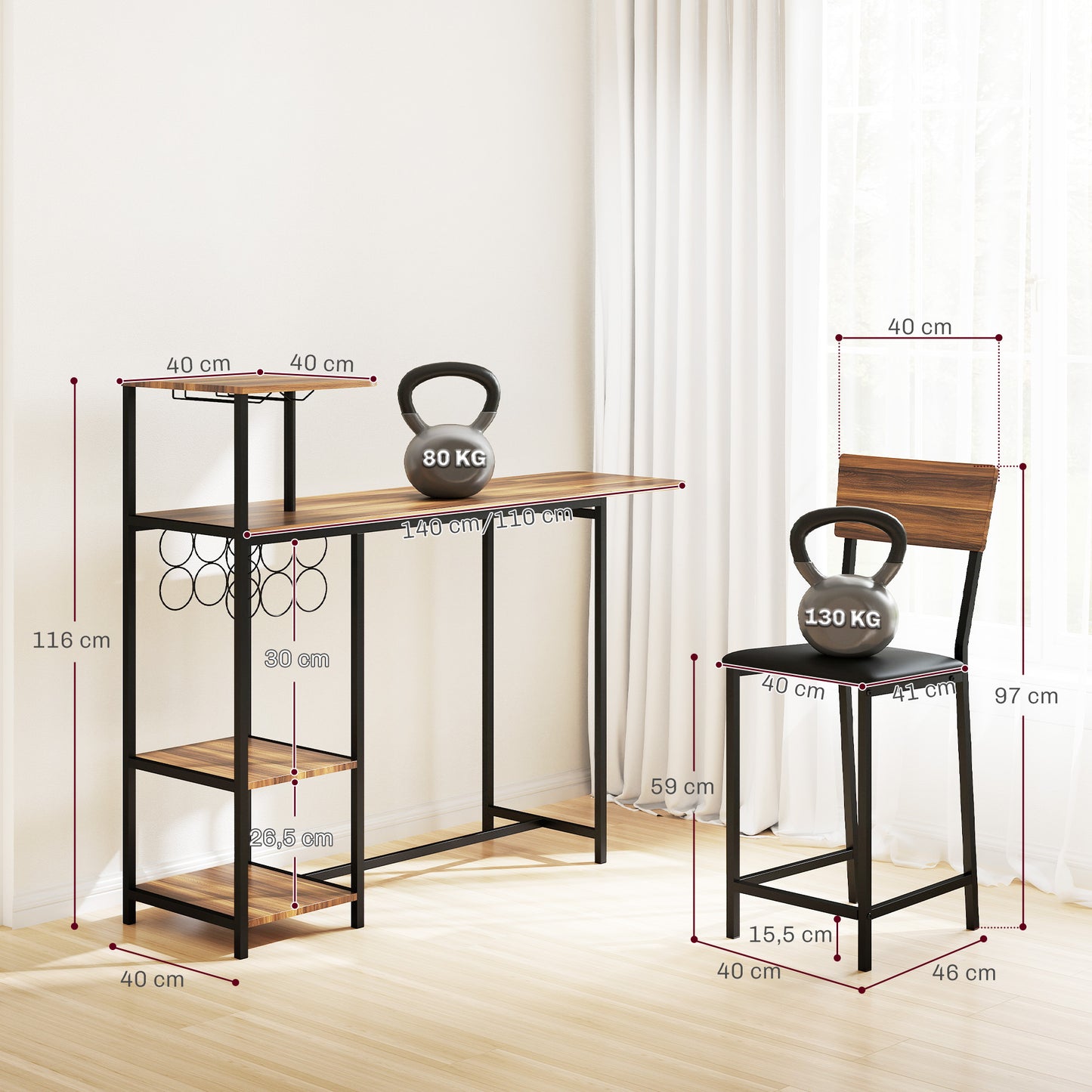 3-Delige Barset – Bar Tafel – Bistro Set – Terrasmeubilair – Huisbar – Bruin – Met Wijnrek en Glashouder – Comfortabele Stoelen met Voetsteunen