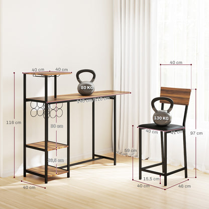 3-Delige Barset – Bar Tafel – Bistro Set – Terrasmeubilair – Huisbar – Bruin – Met Wijnrek en Glashouder – Comfortabele Stoelen met Voetsteunen