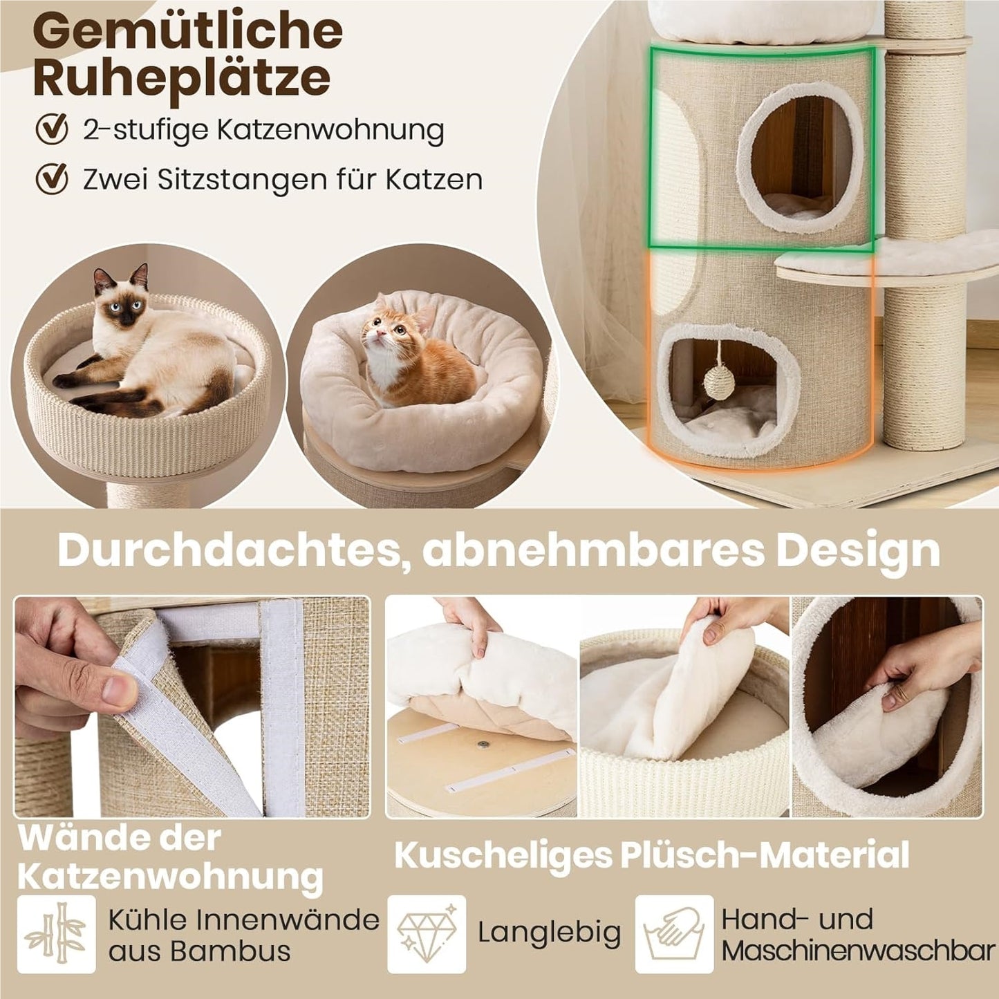 Kattentoren – Kattenboom – Krabpaal – Katmeubel – Klimboom – 154 cm Hoog – Natuurlijke Materialen Bamboe & Sisal