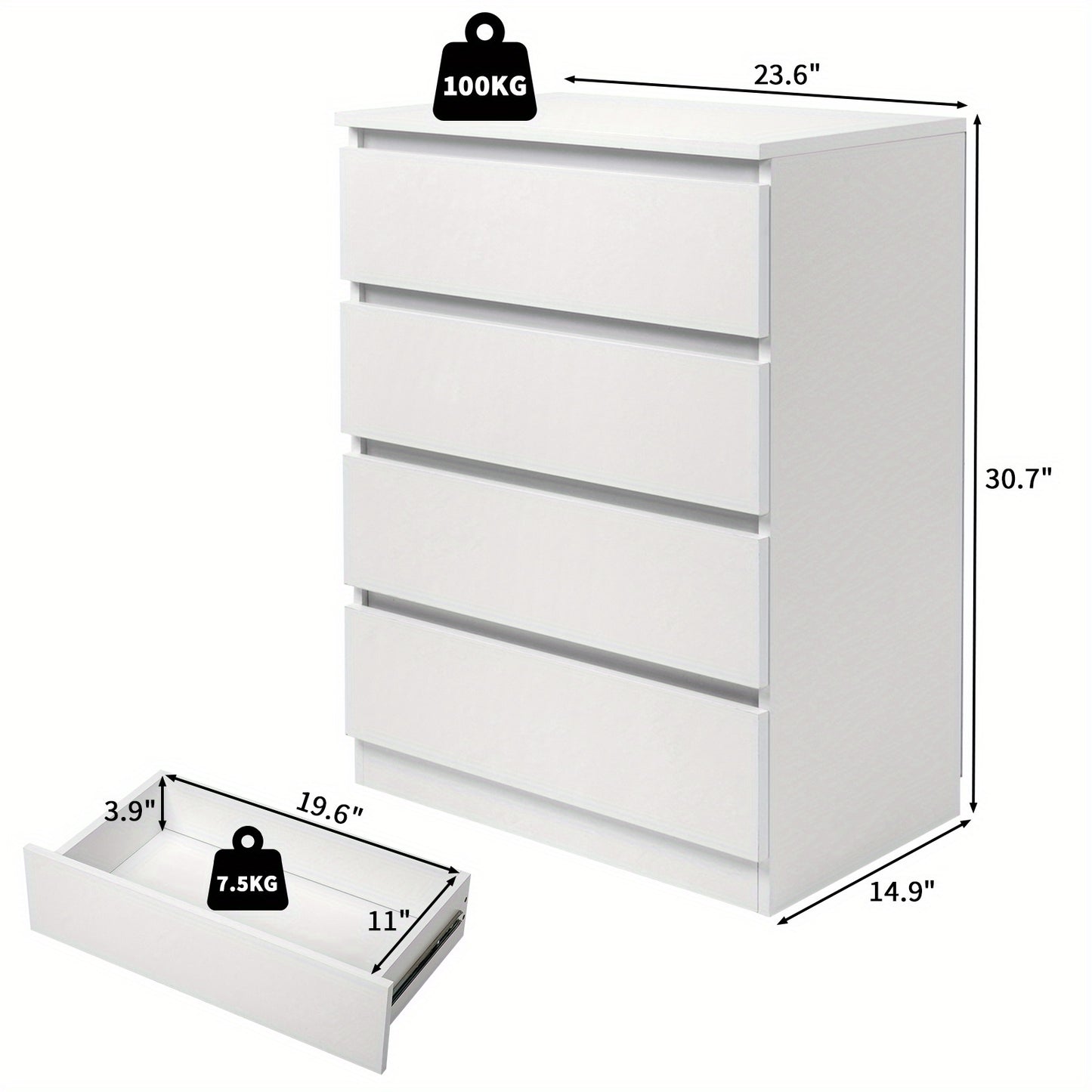 4-Ladenkast – Ladekast – Opbergkast – Dressoir – Ladenblok – Wit – Compact Design – Ingebouwde Handgrepen