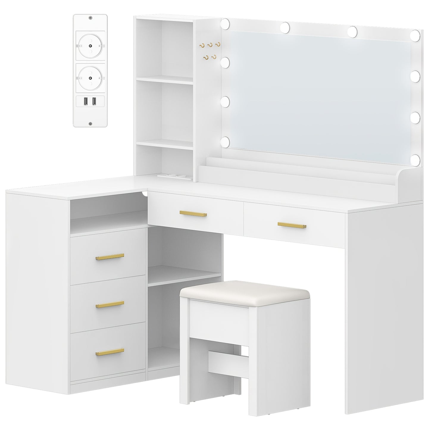 Corner Dressing Table with Stool, Large Mirror, 5 Drawers and Multiple Open Storage Shelves, 40 × 120 × 139cm, White