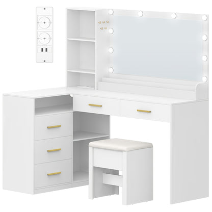 Corner Dressing Table with Stool, Large Mirror, 5 Drawers and Multiple Open Storage Shelves, 40 × 120 × 139cm, White