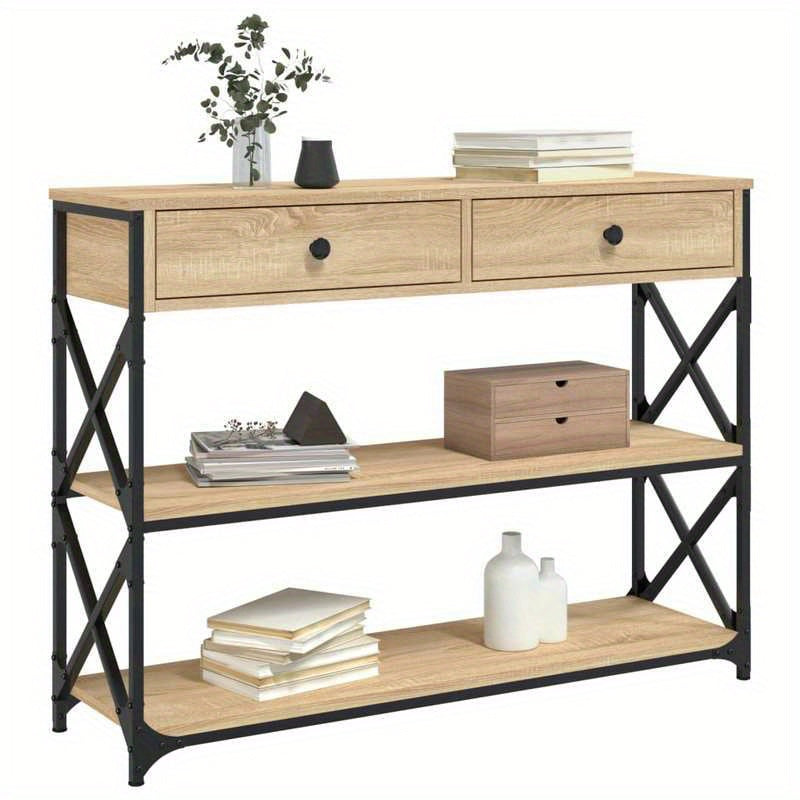 Sidetable – Wandtafel – Opbergmeubel – Halmeubel – Wandtafel Sonoma Eiken Bruin – 3 Lagen – Stijlvolle Zwarte Metaal Frame