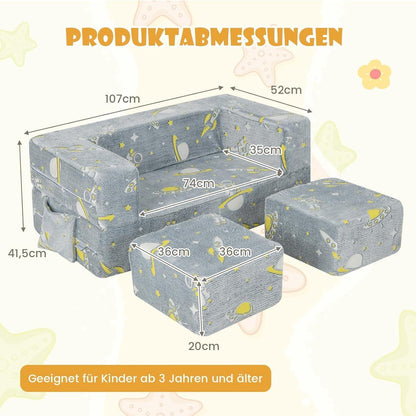 Kinderfauteuil – Kinderbank – Kindersofa – Speelbank – 4-in-1 Met 2 Poefjes – Gloeit In Het Donker – Afneembare Wasbare Hoezen