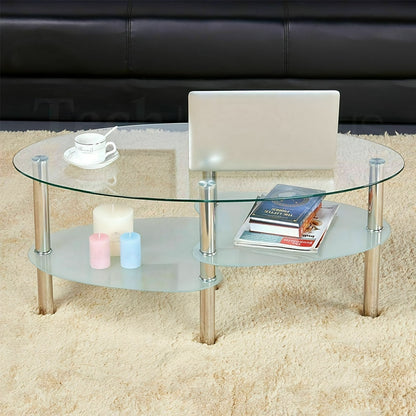 Salontafel – Koffietafel – Bijzettafel – Woonkamertafel – Tafel – Modern – Gehard Glas – Ovaal – Met Metalen Poten – 2 Opbergniveaus – 90x50x43 cm