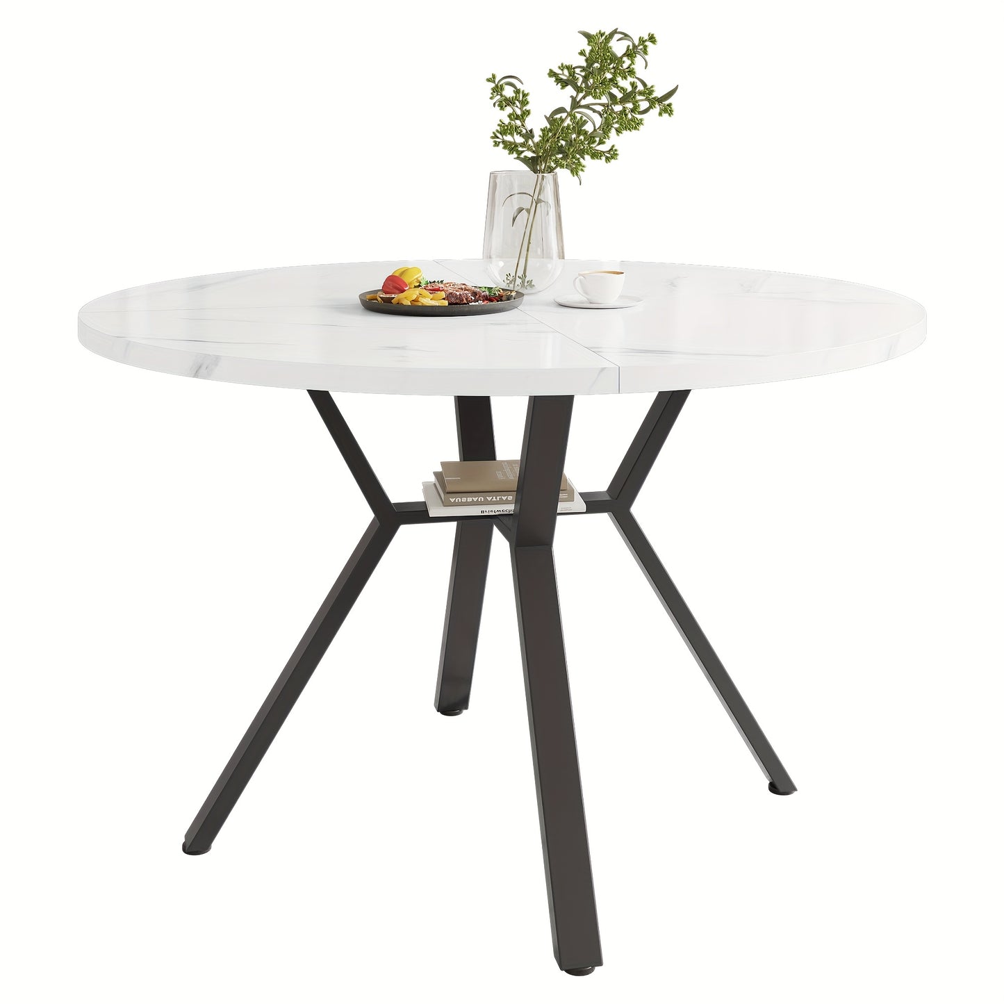 Eettafel – Ronde Tafel – Keukentafel – Eetkamertafel – Koffietafel – Marmer-look Blad – Zwart Metalen X-onderstel – Diameter 100 cm – Modern Minimalistisch Design