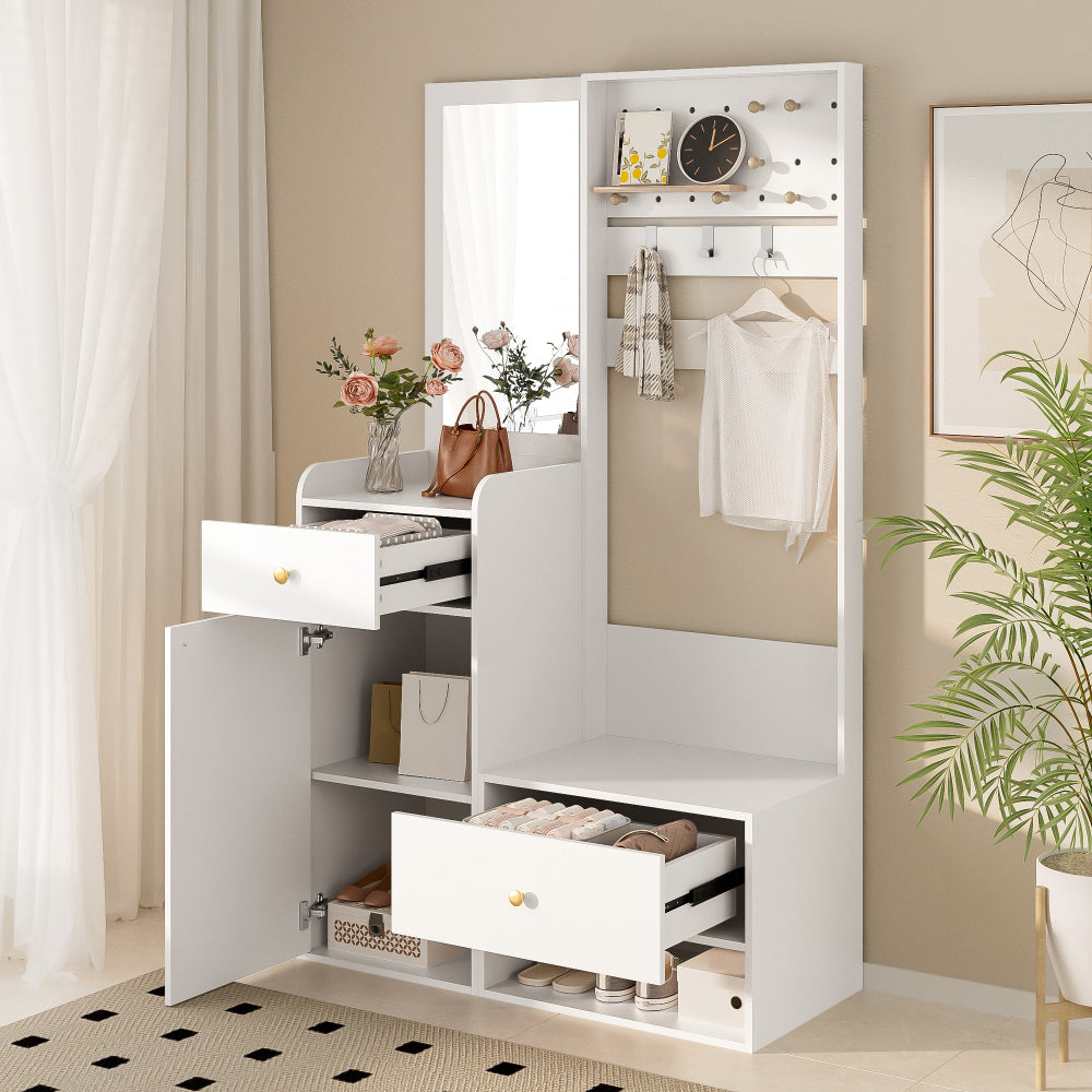 Kledingkast – Garderobekast – Opbergkast – Kleerkast – Garderobe – Compact Wit – Met Spiegeldeur – Met Verstelbare Planken en 2 Lades – Ruimtebesparend Met Stevig Metalen Frame