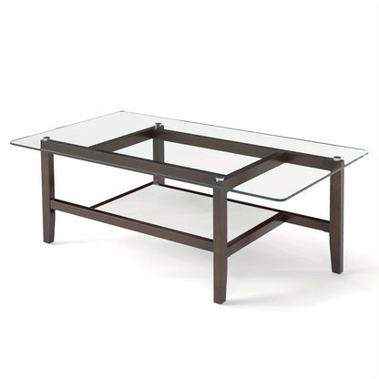 Salontafel – Koffietafel – Woonkamertafel – Bijzettafel – Tafel – Gehard Glasblad – 2-Tier Opbergruimte – Stevige Rubberhouten Poten – 107 x 60 x 42 cm – Mdf Frame