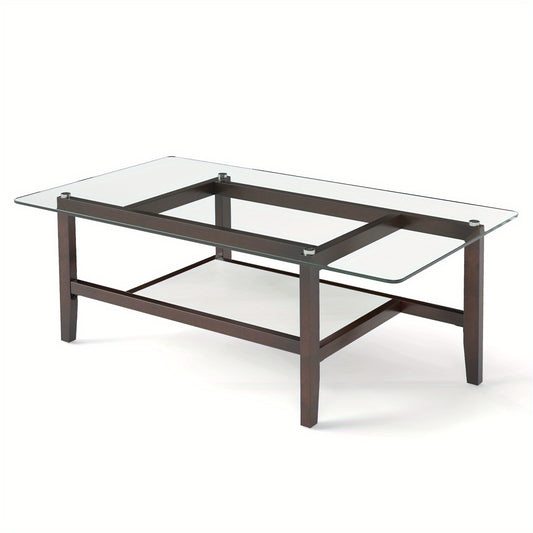 Salontafel – Koffietafel – Woonkamertafel – Bijzettafel – Tafel – Gehard Glasblad – 2-Tier Opbergruimte – Stevige Rubberhouten Poten – 107 x 60 x 42 cm – Mdf Frame