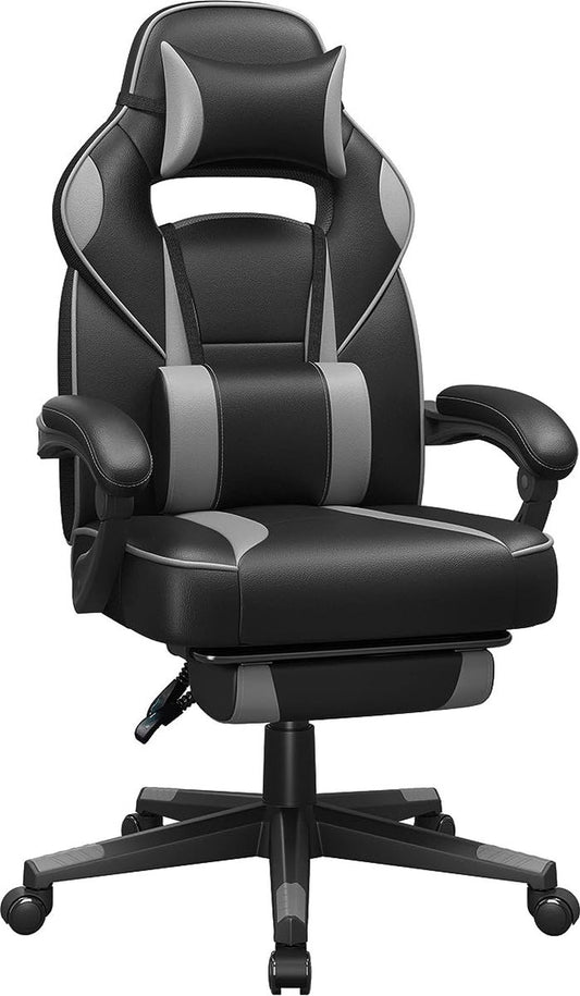 Gaming stoel - Bureaustoel met voetenbankje - Bureaustoel met hoofdsteun en lendensteunkussen - In hoogte verstelbaar - Ergonomisch - Kantelhoek van 90-135° - Draagvermogen tot 150 kg - Zwart-Grijs