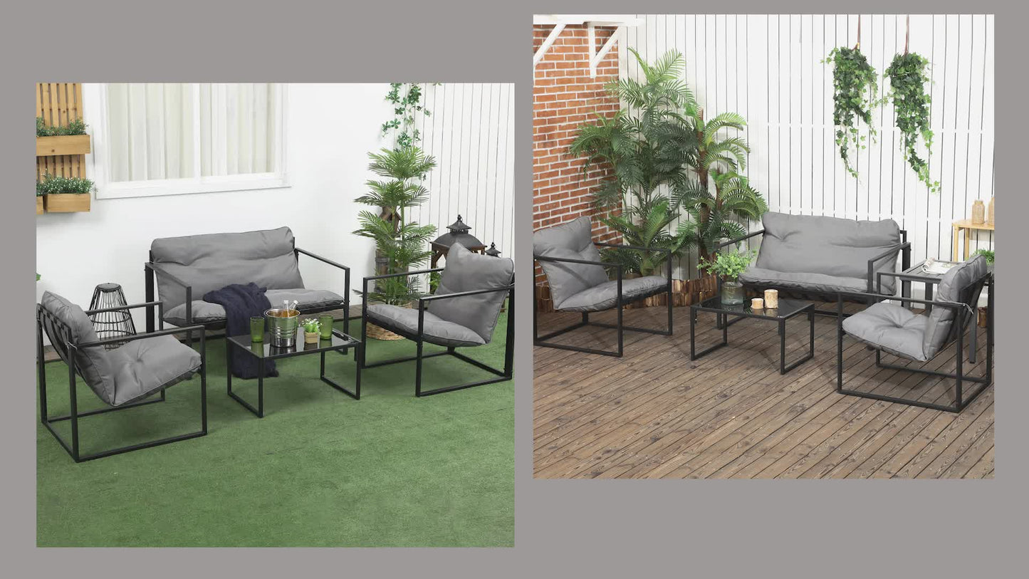 Outsunny 4pcs 4-Person Patio Set with 2-Seater Sofa, 2 Armchairs And 1 Coffee Table with 3 Cushions for Garden Patio - Black Steel Grey Polyester