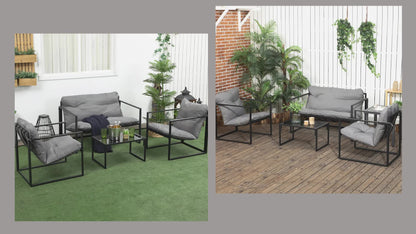 Outsunny 4pcs 4-Person Patio Set with 2-Seater Sofa, 2 Armchairs And 1 Coffee Table with 3 Cushions for Garden Patio - Black Steel Grey Polyester