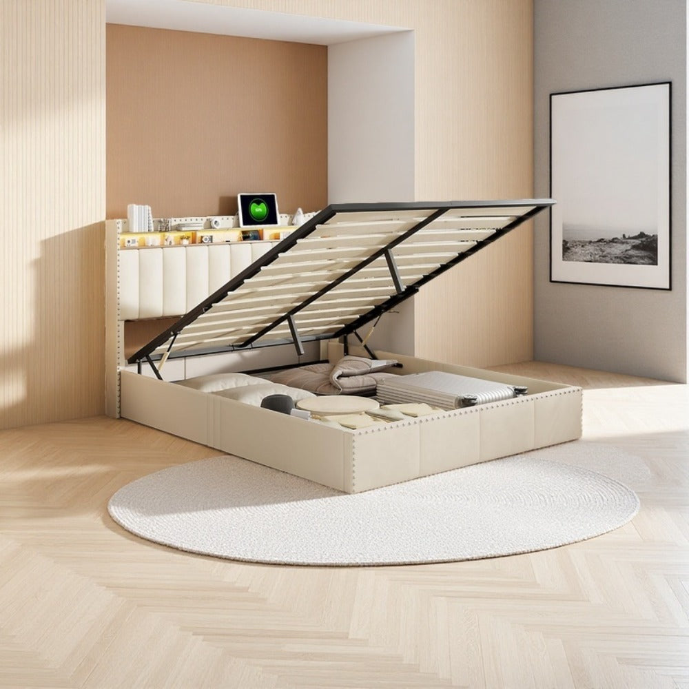Bed – Bedframe – Slaapbed – Opbergbed – Boxspring – Gestoffeerd Met Velvet – 140x200 cm – LED Verlichting en USB Oplaadpoort