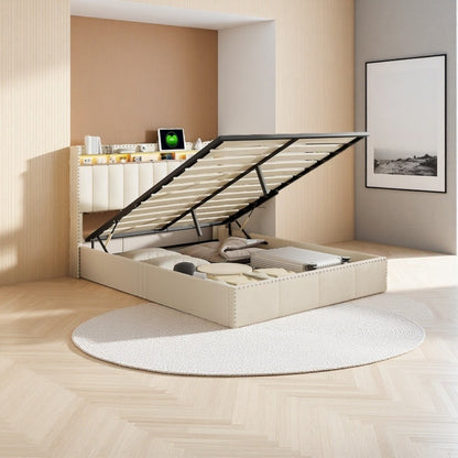 Bed – Bedframe – Slaapbed – Opbergbed – Boxspring – Gestoffeerd Met Velvet – 140x200 cm – LED Verlichting en USB Oplaadpoort