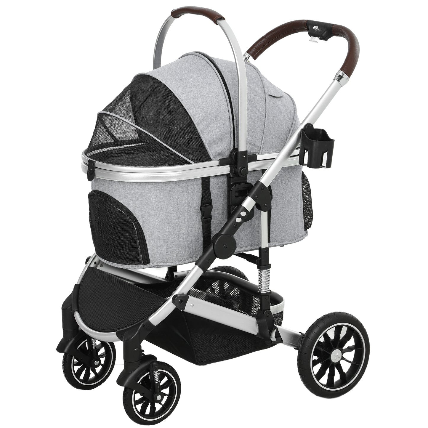 Hondenwagen – Huisdierenwagen – Buggy – Draagtas – Autostoel – Lichtgewicht Aluminium Frame – 3-in-1 Opvouwbaar Design – Inclusief Veiligheidsharnassen – Lichtgrijs