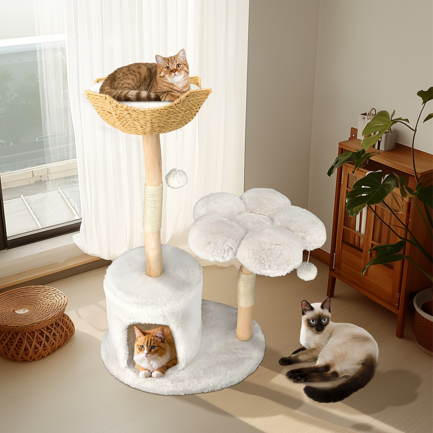Krabpaal – Kattenboom – Kattenhuis – Kattentoren – Krabmeubel – 92x38,5x120 cm – Sisal Krabpalen & Pluche Bekleding – Stevig Houten Meubel